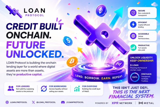 The image features a poster for a cryptocurrency called LOAN Protocol, which is designed to help people invest their money into digital assets like Bitcoin. The poster includes a purple and blue logo with a lightning bolt symbolizing the energy required to mine Bitcoins. There are also illustrations of coins being dropped from a building or launched into space, representing the process of mining Bitcoins. The text on the poster highlights that LOAN Protocol is built on a blockchain, which ensures secure transactions and transparent ownership. It also mentions that LOAN Protocol offers lending services for those who want to invest in digital assets but lack the necessary funds.