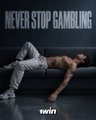 An album cover features a person lying on the floor against a dark wall with the text 'NEVER STOP GAMBLING' and 'twin'.