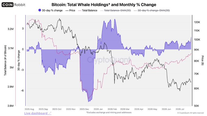 The chart from CryptoQuant titled "Bitcoin: Total Whale Holdings and Monthly % Change" tracks whale wallet balances (in pink) against Bitcoin's price (in black) from August 2025 through July 2026, showing whale holdings rising above 3.06 million BTC while prices remained pressured around $70K-$90K. The blue bars represent 30-day percentage changes in whale holdings, illustrating the accumulation pattern referenced in the post about large investors buying during retail weakness.