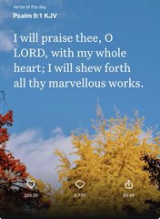 An Instagram post showing a yellow ginkgo tree against a blue sky with the Bible verse 'I will praise thee, O LORD, with my whole heart: I will shew forth all thy marvellous works.' - Psalm 9:1 KJV.