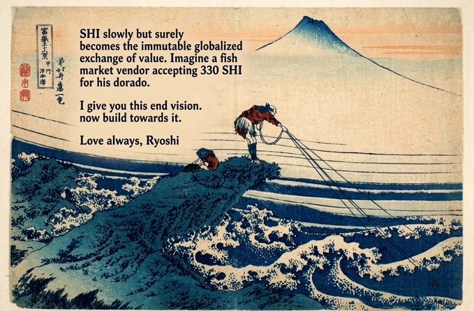 A traditional Japanese woodblock print, resembling 'Kajikazawa in Kai Province' by Hokusai, features a fisherman on a rocky cliff with Mount Fuji in the background, overlaid with text about SHI becoming a globalized exchange of value, signed 'Love always, Ryoshi'.