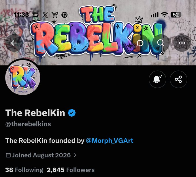 The image shows the X (formerly Twitter) profile page for "The RebelKin" (@therebelkins), a verified account with 2,645 followers and 38 following, featuring a vibrant graffiti-style logo with colorful bubble letters displaying "THE REBELKIN" against a street art background. The profile bio notes it was "founded by @Morph_VGart" and joined in August 2026, aligning with the post's mention of the creative AI producer at OpenSea.