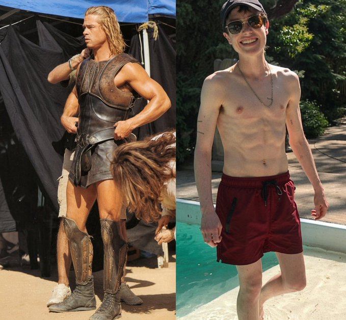 A side-by-side comparison of two men: on the left, a muscular actor in gladiator-style costume with long blonde hair; on the right, a slim young man wearing a cap, sunglasses, and red swim shorts by a pool.