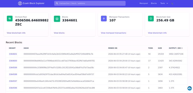A screenshot of an open webpage showing information about Bitcoin transactions displayed on a computer screen. The webpage includes a "Zcash" logo at the top right corner indicating that this is a ZCash blockchain explorer page, which was affected by a network disruption. The most common message displayed on the page indicates that new transactions could not be confirmed during the four-hour block freeze, and that privacy is valuable due to the breach in the chain.