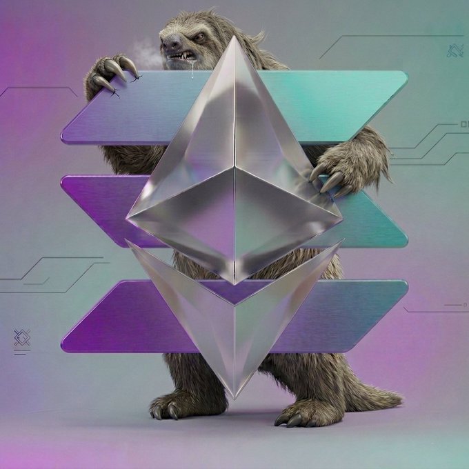 The image features an abstract depiction of a sloth with its arms and legs outstretched, holding a silver cube shaped like an etherium device. The backdrop consists of geometric shapes such as triangles, squares, and circles in various colors including shades of purple, green, and blue, creating an interesting visual contrast against the gray-toned background.

The image is related to the post because it presents a modern and unique take on Etherium's story by incorporating elements from the virtual world into a realistic art style. The sloth holding the device serves as a creative representation of Etherium's value, highlighting the project's potential market capitalization and its fusion with Solana's blockchain-based infrastructure for long-term growth.
