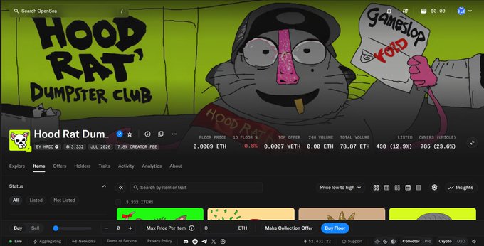 The image shows the OpenSea NFT marketplace page for the "Hood Rat Dumpster Club" (HRDC) collection, displaying its floor price at 0 ETH with a 0.8% decrease, 24-hour volume of 0 ETH, and 430 total items; a Hood Rat character is shown holding a GameStop sign with "VOID" written on it. The accompanying post thanks "@lukaskalm" for "unrugging HRDC," which relates to the collection's completely crashed metrics—zero floor price and zero trading volume—suggesting the token had collapsed (been "rugged") and is humorously depicted as void or worthless, with the cartoon rat's "VOID" GameStop sign symbolizing the project's failed state.