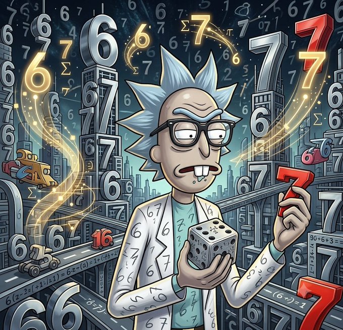 A cartoon scientist in a lab coat covered in the number 7 stands surrounded by floating numbers and equations, holding a die and examining a red "7," perfectly capturing the chaotic and overwhelming nature of being deeply immersed in the @sixsevenapp. The whimsical scene of mathematical frenzy visually echoes the post's reflection on unexpectedly losing oneself to yet another viral sensation amid the fleeting hype of Telegram mini apps.