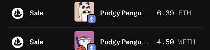 A dark-themed NFT marketplace listing shows two Pudgy Penguin sales for 6.39 ETH and 4.50 WETH.