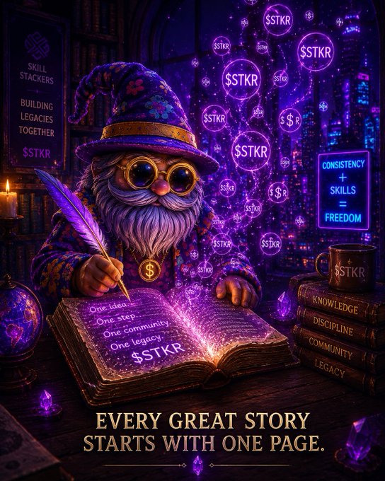 A mystical wizard with a floral purple hat and glowing glasses writes in a spellbook titled "One idea... One step... One community... One legacy... $STKR," surrounded by floating $STKR tokens, a "Skill Stackers" poster, and a neon sign reading "Consistency + Skills = Freedom." The scene visually embodies the post's message of building knowledge and legacy one page at a time, framing the $STKR community as a magical journey of consistent growth and skill-building.