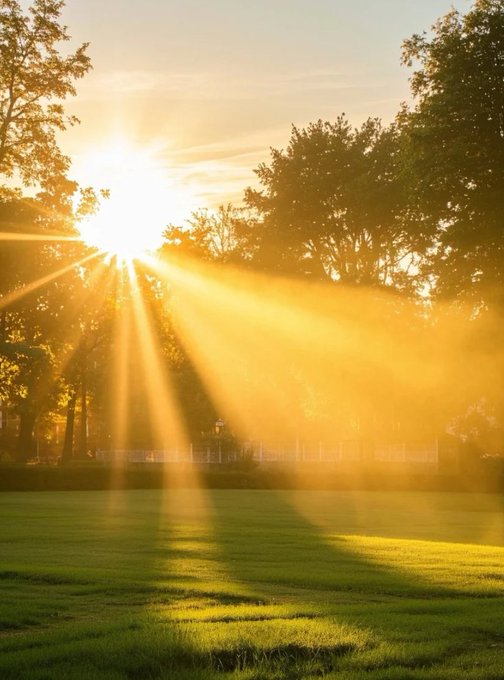 A picturesque park scene at sunrise or sunset, featuring golden sun rays streaming through a row of trees onto a lush green lawn.