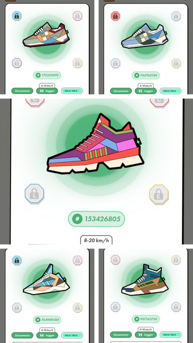 The image features a collection of six different shoes, each with unique colors and designs. The shoes are displayed in various positions across the frame, showcasing their distinct styles. The caption for this image reads "#STEPN とりあえず１回目 Runnerは1つだけですよ あと２回やる！ Runner1つずつ混ぜて". This caption provides context to the image, suggesting that it is related to a shoe shopping app or website. The shoes are arranged in a grid-like pattern, with each row containing three different styles of shoes.