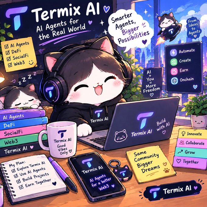 An illustrated cat character wearing headphones promotes Termix AI with the tagline "AI Agents for the Real World" and "Smarter Agents, Bigger Possibilities," surrounded by checklist items like AI Agents, DeFi, SocialFi, and Web3.