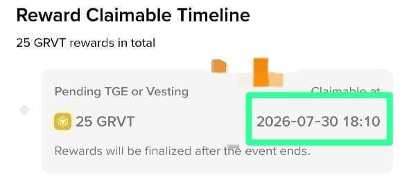A 'Reward Claimable Timeline' interface showing '25 GRVT' pending TGE or vesting, with a highlighted claimable date of '2026-07-30 18:10'.
