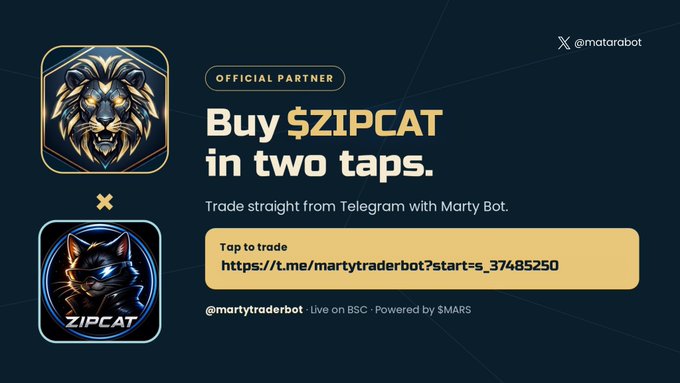 A promotional graphic advertises buying $ZIPCAT through Telegram with @martytraderbot on BSC, featuring lion and panther mascot illustrations.