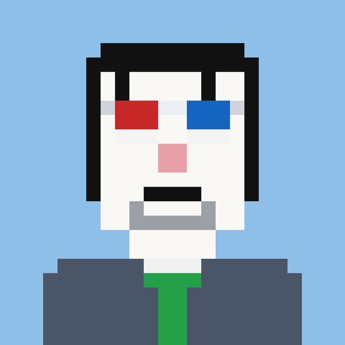 A pixel art portrait of a man with black hair, a red and blue heterochromatic eye, a pink nose, and wearing a blue suit with a green tie against a light blue background.