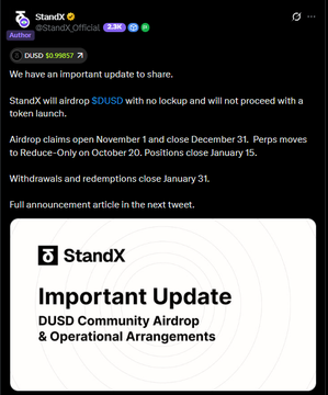 StandX official Twitter announcement about a 'DUSD Community Airdrop & Operational Arrangements' with token launch details and withdrawal information.