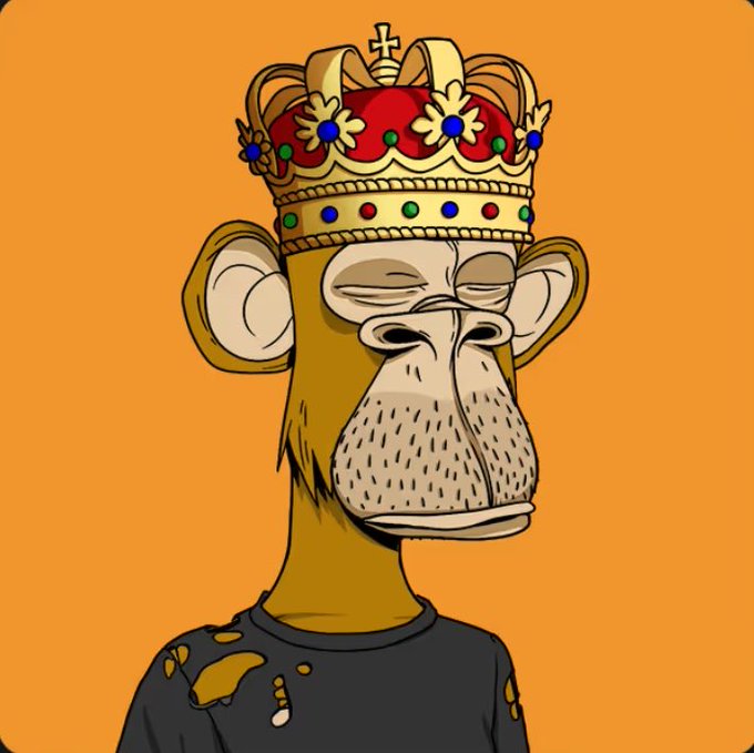 A cartoon illustration of a Bored Ape-style monkey wearing an ornate jeweled crown, sporting a tattered black shirt against an orange background.