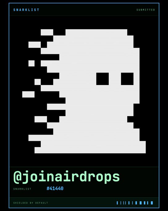 The image shows a snarklist submission card featuring a pixelated ghost-like figure, with the handle "@joinairdrops" displayed prominently in green text along with record "#41440," matching the post's reference to record 41440 being added to the snarklist shielded by default via @zksnarks_.