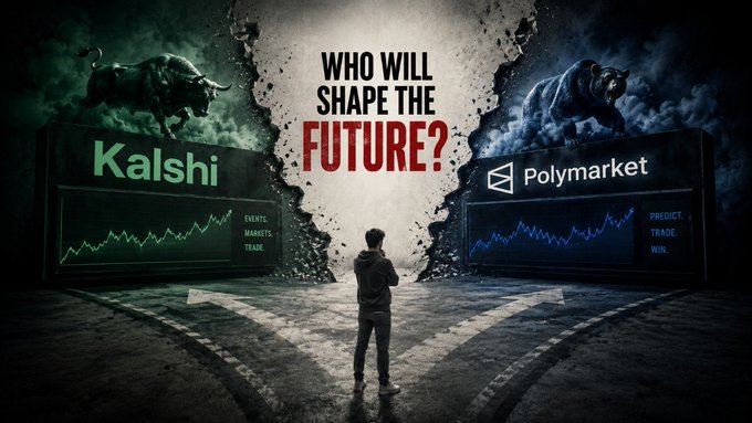 Dramatic promotional graphic posing 'WHO WILL SHAPE THE FUTURE?' between prediction market platforms Kalshi (bull) and Polymarket (bear).
