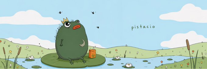 A green, blob-like creature wearing a small crown sits on a lily pad in a pond, holding a juice box labeled "Pistacio" while flies buzz around it, with the word "pistacio" floating in the sky. The whimsical banner artwork aligns with the post's announcement of a community-submitted banner for the Solana token $Pistacio.