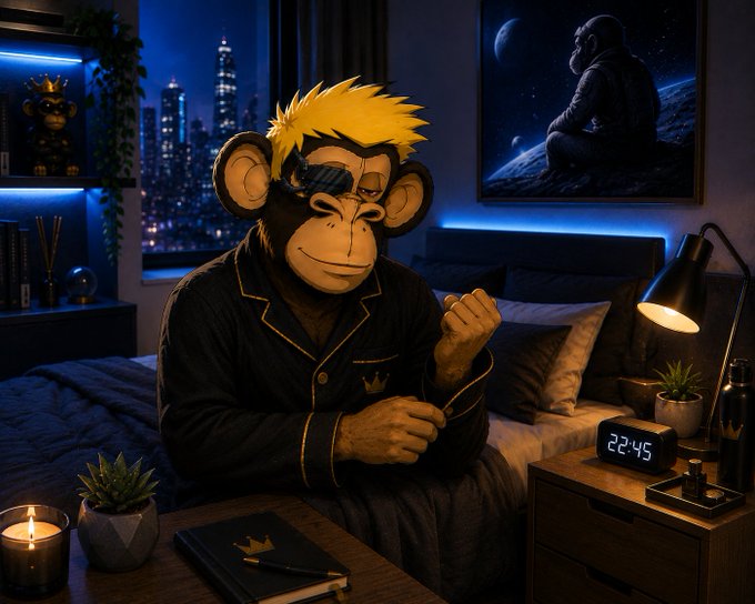 An animated scene depicts a yellow-haired monkey character in pajamas sitting on a bed in a blue-lit room with a city view, where a digital clock reads '22:45'.
