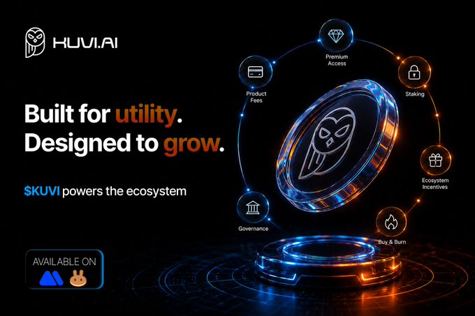 A promotional graphic for HUVI.AI featuring a glowing 3D token and text 'Built for utility. Designed to grow. $KUVI powers the ecosystem', with icons showing Premium Access, Staking, Ecosystem Incentives, Buy & Burn, Governance, and Product Fees.