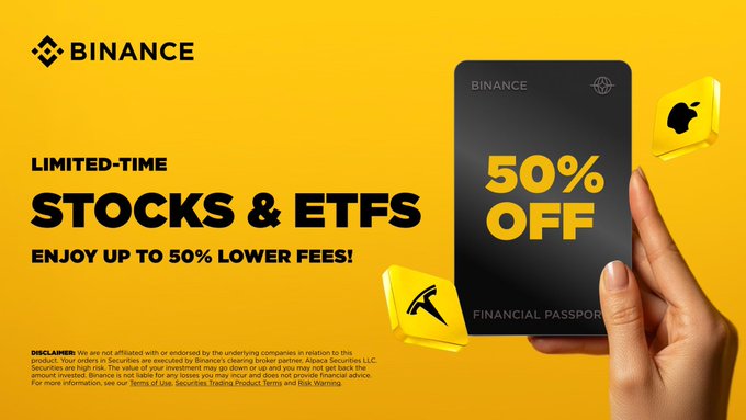 The image shows a person holding up their phone displaying a "Limited-Time Stocks & ETFs" offer from Bitcoin. This offer allows people to trade stocks and ETFs directly through the Bitcoin network, offering lower fees compared to traditional exchanges. The text in the image explains that Binance is known for being one of the world's leading crypto exchanges, which has paved the way for innovations like this.