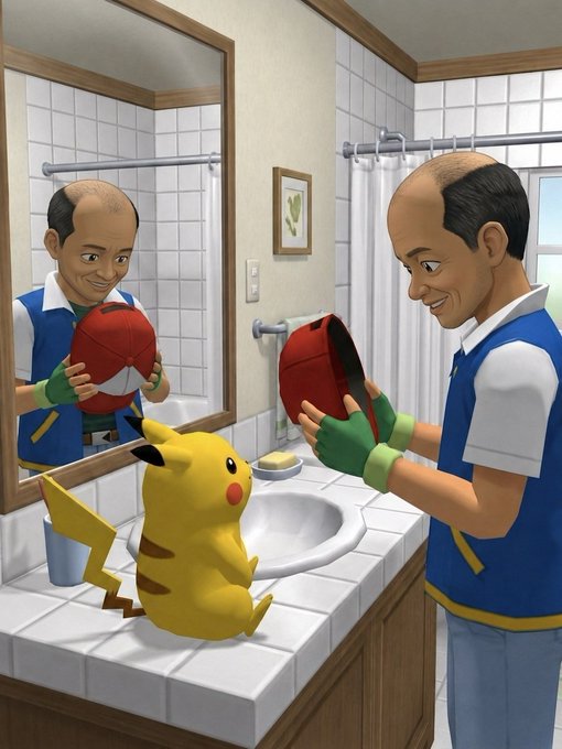 An illustration of an Ash Ketchum-like character looking at his reflection in a bathroom mirror while holding a Pokéball, with Pikachu watching from the sink.
