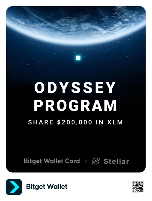The image presents an advertisement of a $200,000 share in XLM worth for those who sign up through a postcard or website called "Biteet Wallet" with a link to their web page. The webpage has a blue background that features images of planets and stars while a green square indicates the share price is listed as 20,000 XLM. There are also descriptions provided in the text stating that this offer is available for anyone interested in becoming a member or buyer.