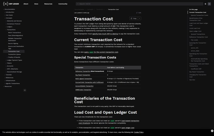 The screenshot shows the XRP Ledger documentation page on "Transaction Cost," detailing fees like a base Reference Transaction Cost and Special Transaction Costs (e.g., 10 drops for a Key Reset Transaction, 100,000 drops for MultiSign Transaction). This visually supports the post's claim that every XRPL transaction burns a small fee, with costs measured in "drops" as a deliberate anti-spam mechanism.