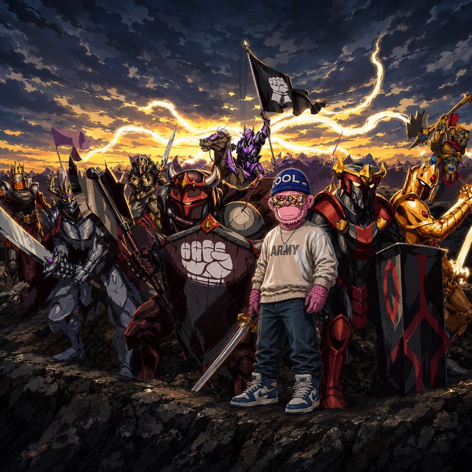 A person wearing a pink beanie, sunglasses, and a beige sweatshirt standing in front of an army of armored warriors with a 'COOL' beanie and a flag with a fist logo.