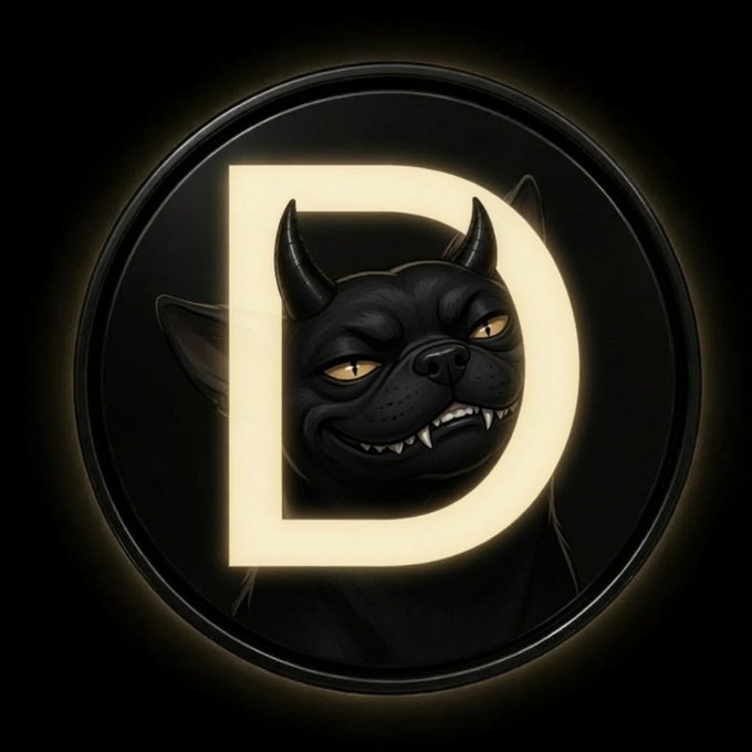 A glowing circular emblem displays a large cream-colored letter "D" with a menacing black horned dog (Dogue) baring its fangs, symbolizing the "$DOGE" ticker mentioned in the post about its anticipated multi-million dollar run in 2026.