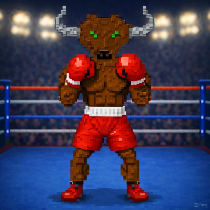 A pixel-art depiction of a chocolate bar shaped like a muscular boxer wearing red shorts and red boxing gloves, standing in a boxing ring with a "Grok" watermark.