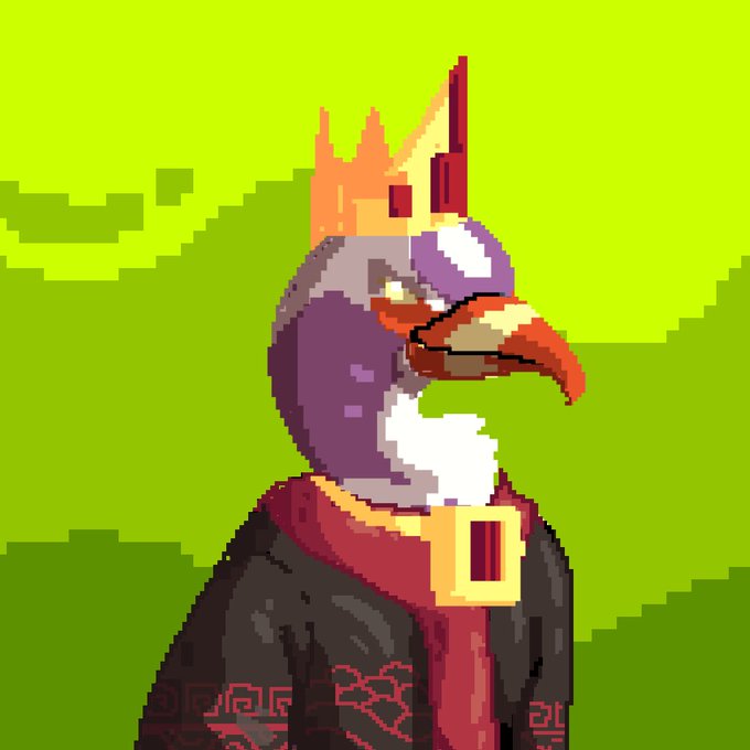 A pixel art portrait of a regal penguin wearing a golden crown and royal robes with a red ornate collar, set against a green grassy background—fitting imagery for the "Ravens" ($RVX) NFT clan mint announcement, symbolizing the noble, kingly theme of the collection.