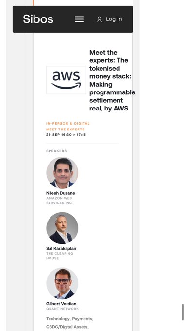 A mobile webpage for Sibos featuring an event 'Meet the experts: The tokenised money stack: Making programmable settlement real, by AWS' on 20 Sep, with speakers Nilesh Dusane, Sal Karakaplan, and Gilbert Verdian.