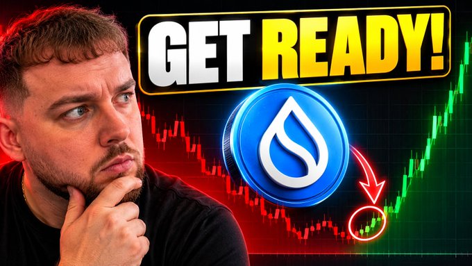 A man with a serious, thinking expression appears beside the text "GET READY!" alongside the Sui (SUI) crypto coin logo, set against a candlestick chart highlighting a price level. This aligns with the post's question about whether to buy SUI now, emphasizing crucial price levels for potential buyers.