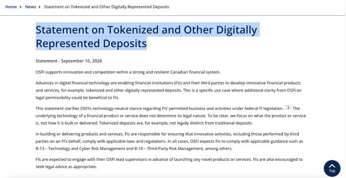 The image shows an OSFI (Office of the Superintendent of Financial Institutions) statement titled "Statement on Tokenized and Other Digitally Represented Deposits," dated September 10, 2026, which clarifies the technology-neutral stance on FIs' permitted business activities regarding tokenized deposits, noting that they are not legally distinct from traditional deposits. This regulatory clarity from OSFI supports the accompanying news about Canada's six major banks—Bank of Montreal, Royal Bank of Canada, Toronto-Dominion Bank, Bank of Nova Scotia, National Bank of Canada, and Canadian Imperial Bank of Commerce—launching a joint tokenized-deposits project for 24/7 blockchain payments, providing the necessary legal framework for such innovation.