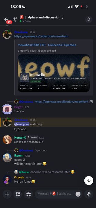A screenshot of a Discord chat titled 'alphas-and-discussion' showing a shared OpenSea link for a 'meowfia' NFT collection and various user messages.