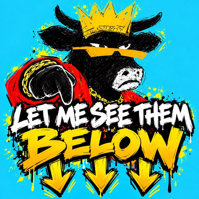 A stylized illustration of a bull wearing a gold crown, sunglasses, and gold chains, pointing forward with the text 'LET ME SEE THEM BELOW' and yellow arrows.