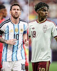 A side-by-side photo of soccer players Lionel Messi (Argentina, #10) and Lamine Yamal (Spain, #19) in their national team kits.