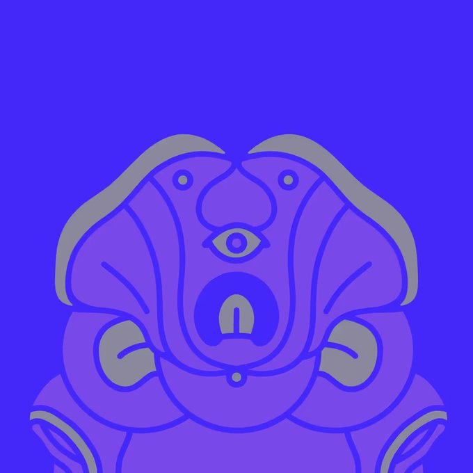 A stylized purple and blue digital illustration of a symmetrical character with a central eye, a small keyhole-shaped mouth, and rounded forms against a solid blue background.