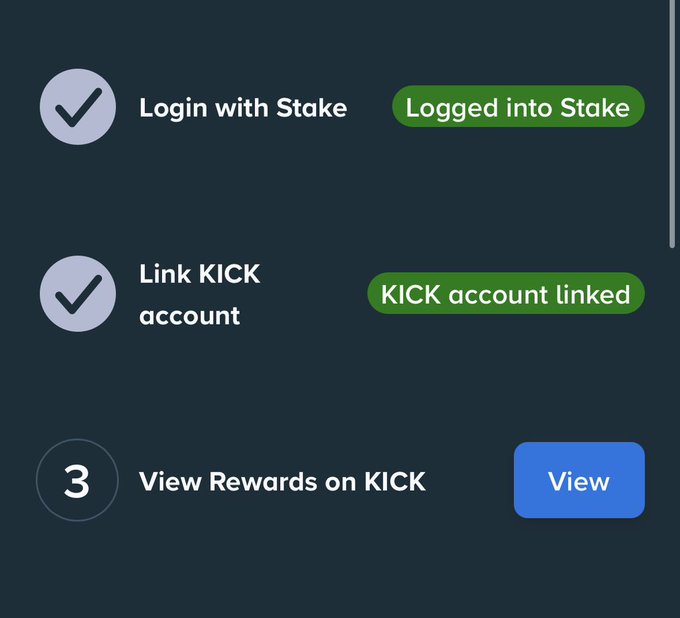 Screenshot showing completed account linking steps: 'Login with Stake' (Logged into Stake) and 'Link KICK account' (KICK account linked), with a third option 'View Rewards on KICK' marked with a '3'.