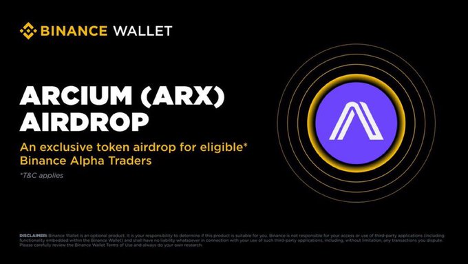 The image features a black background with a purple circle containing an "A" at its center, which is part of a banner promoting Bitcoin Wallet services. The text below the circle reads "Arcium (ARX) Airdrop", indicating that this service is available for premium users who want to send and receive digital assets securely.