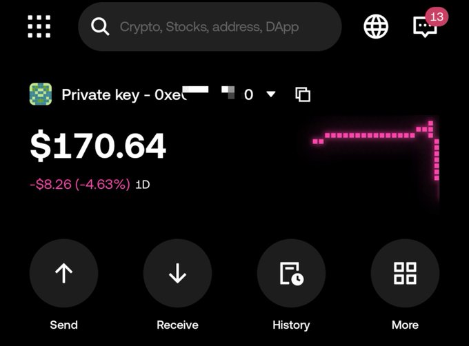 A crypto wallet screenshot displays a balance of $170.64, down $8.26 (-4.63%) over 1D, on the address starting with "0xe...", supporting a giveaway post that asks people to retweet and drop their ETH address to split $20 among 4 recipients.