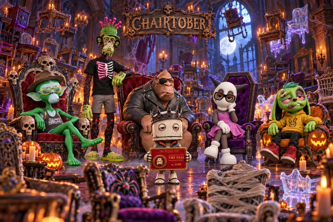 A Halloween-themed 'Chairtober' promotional image features stylized zombie-like characters, including a cyclops girl holding a 'The Pass,' surrounded by pumpkins, skeletons, and gothic decor.