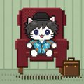 A pixel-art style image of a cute gray and white cat wearing a suit and holding a document, sitting in a red armchair next to a brown briefcase.