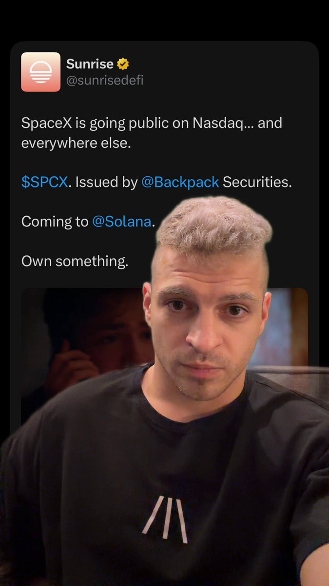 The image features a man with blonde hair wearing a black t-shirt who appears to be a Twitter user. He has posted a photo of himself, which includes a caption about a new stock called SPACEX that is going public on Nasdaq. The caption also mentions that the stock will be trading on solana and that there are plans for increasing depth in trading activity.