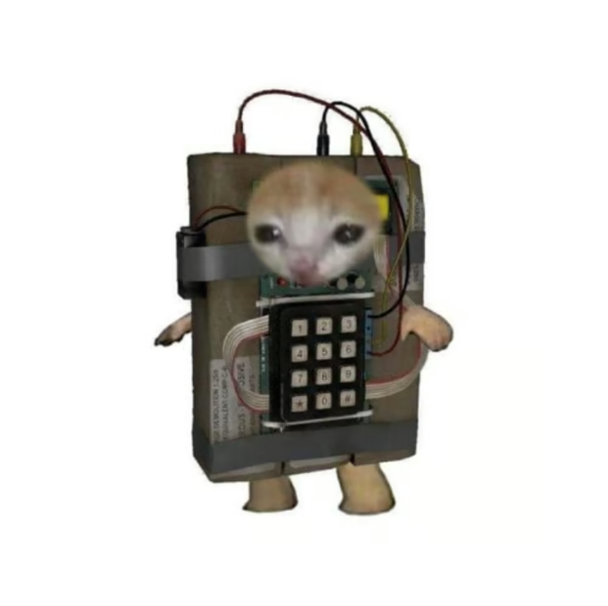 A surreal image of a small, light-colored animal face emerging from a makeshift circuit board and battery pack with a keypad, resembling a cyborg or robot contraption.