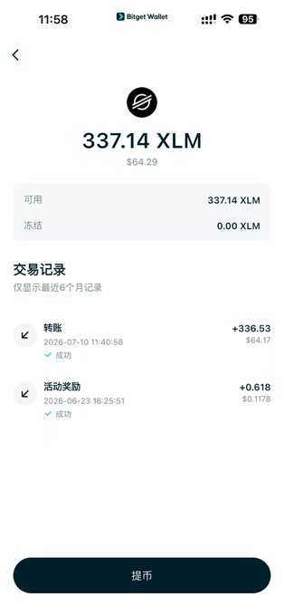 A Bitget Wallet screenshot displaying a balance of 337.14 XLM ($64.29) in Chinese, with transaction history showing a transfer of +336.63 XLM.