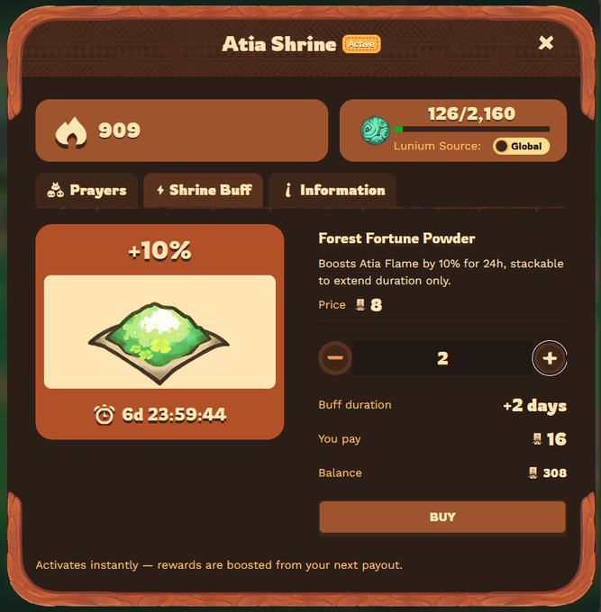 A screenshot of the "Atia Shrine" interface in an app shows a user purchasing "Forest Fortune Powder" (+10% Atia Flame boost) at a price of 8 each, currently stacking 2 for +2 days, with a balance of 308; the post's question fits the visible buff duration setting.
